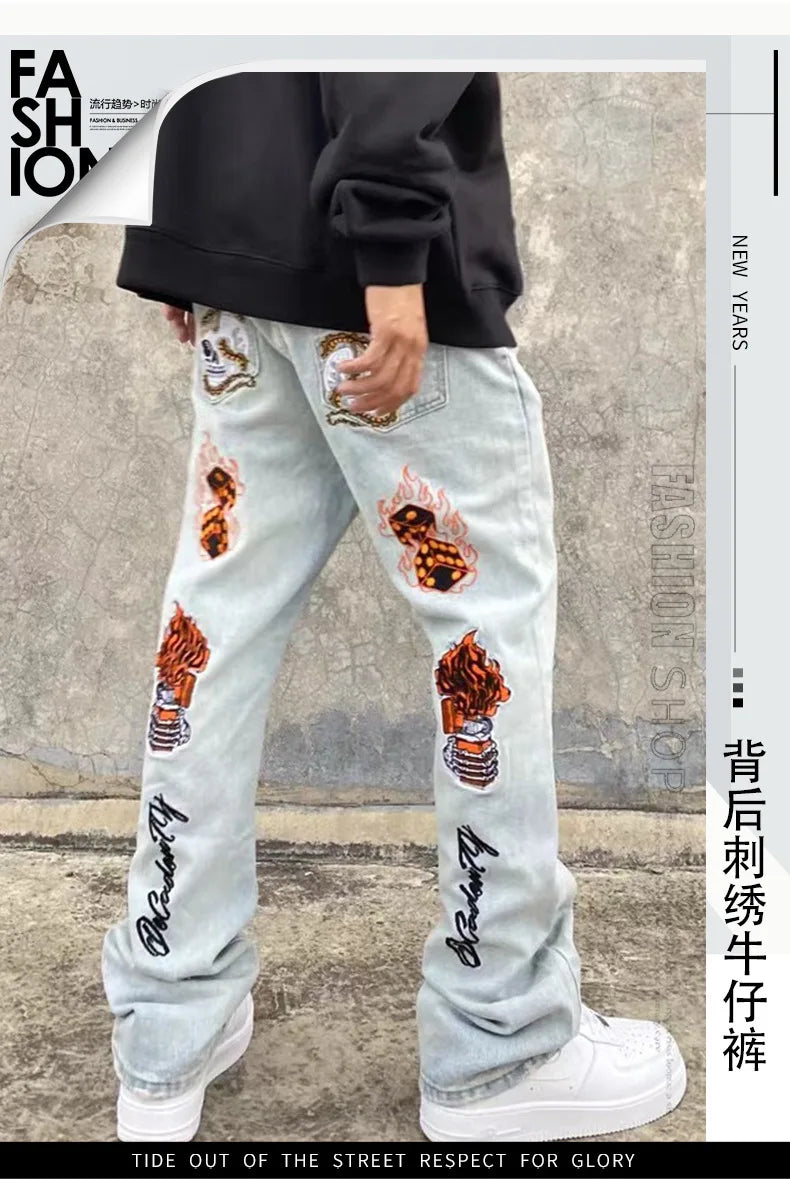 European Hip-Hop Street Wide Leg Stacked Entrepreneurs Customize Embroidery LOGO Jeans Men Wash Fashion Designer Flare Jeans