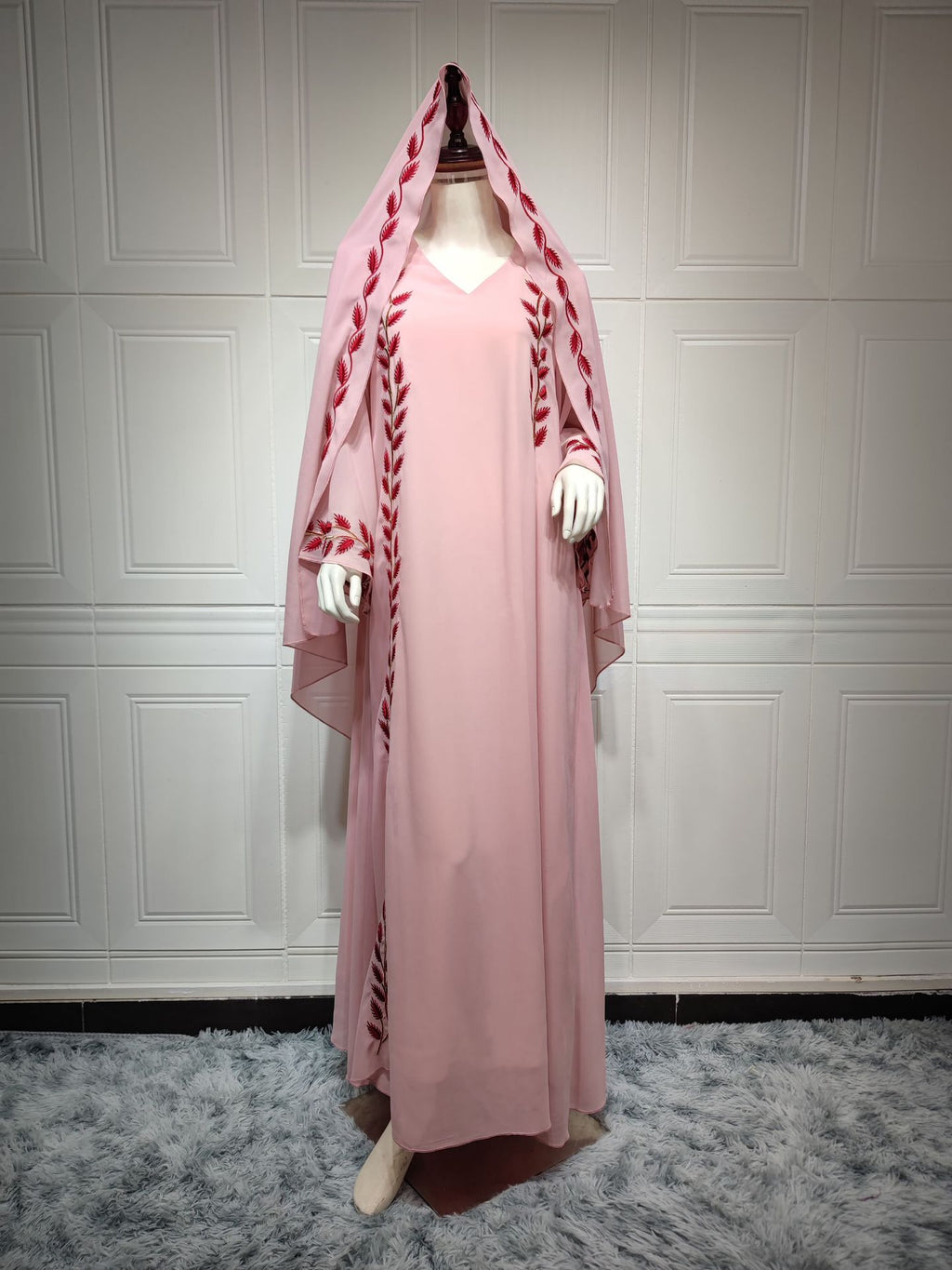Women's Embroidery Abaya with Scarf – 2-Piece Muslim Dress Set