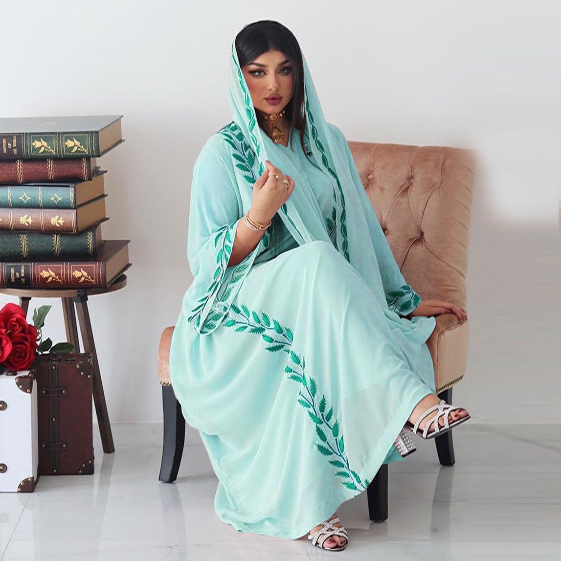 Women's Embroidery Abaya with Scarf – 2-Piece Muslim Dress Set