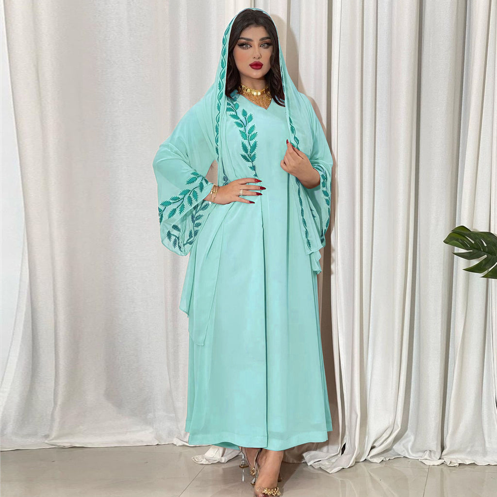 Women's Embroidery Abaya with Scarf – 2-Piece Muslim Dress Set