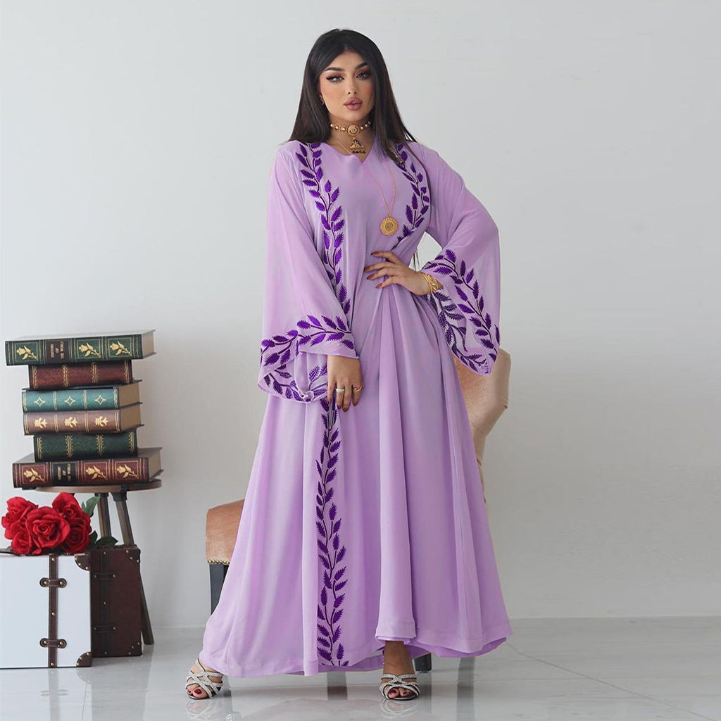 Women's Embroidery Abaya with Scarf – 2-Piece Muslim Dress Set
