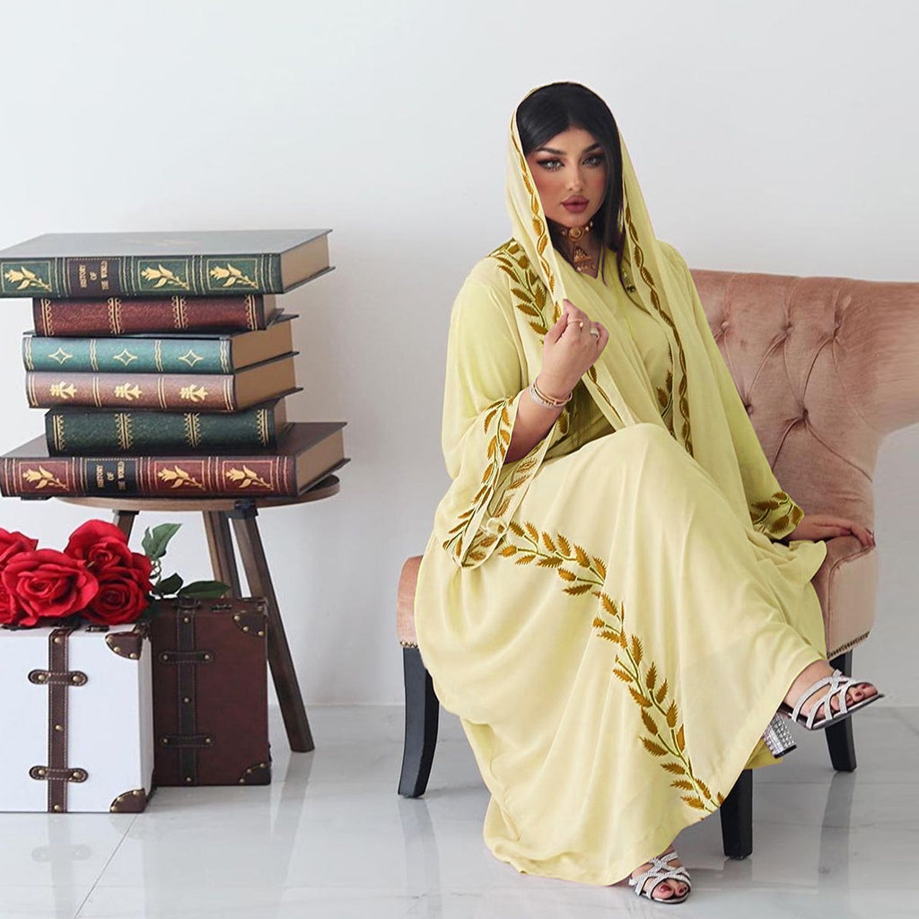 Women's Embroidery Abaya with Scarf – 2-Piece Muslim Dress Set
