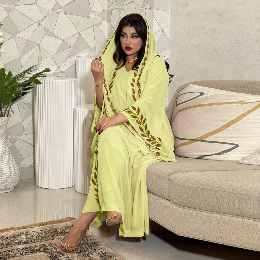 Women's Embroidery Abaya with Scarf – 2-Piece Muslim Dress Set