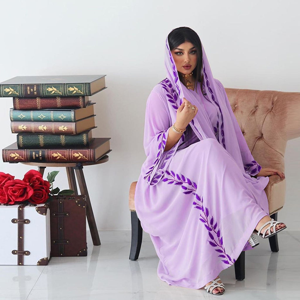 Women's Embroidery Abaya with Scarf – 2-Piece Muslim Dress Set