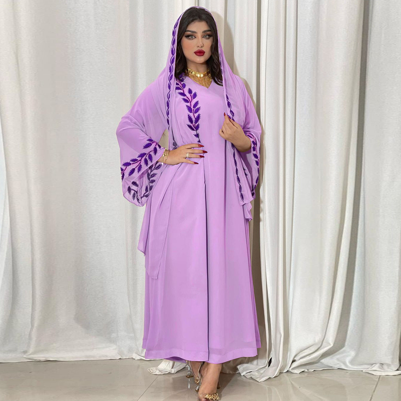 Women's Embroidery Abaya with Scarf – 2-Piece Muslim Dress Set