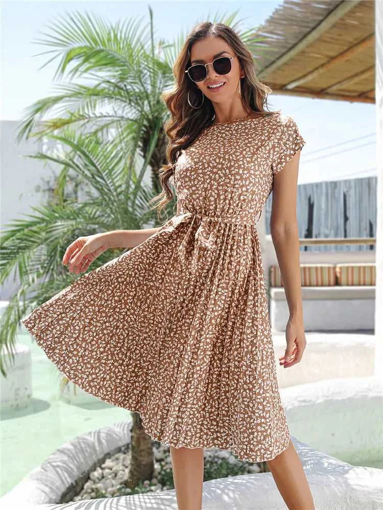 Msfilia Summer Print Pleated A Line Long Dress Women Short Sleeve High Waist Spring Round Neck Chic Dress with Belt The jack market .AU The jack market .AU Woman Fashion $ 88 14:200004870#Flower NavyBlue;5:100014065