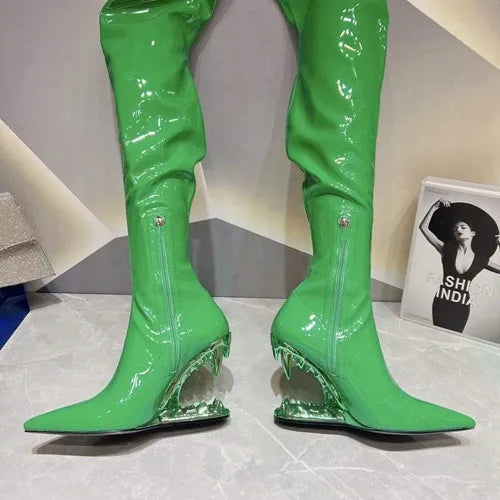 Women's Pointed Tiger Teeth Heel Knee High Elastic Boots Fashionable Over-the-Knee Super High Heel Banquet Show Shoes Autumn Winter