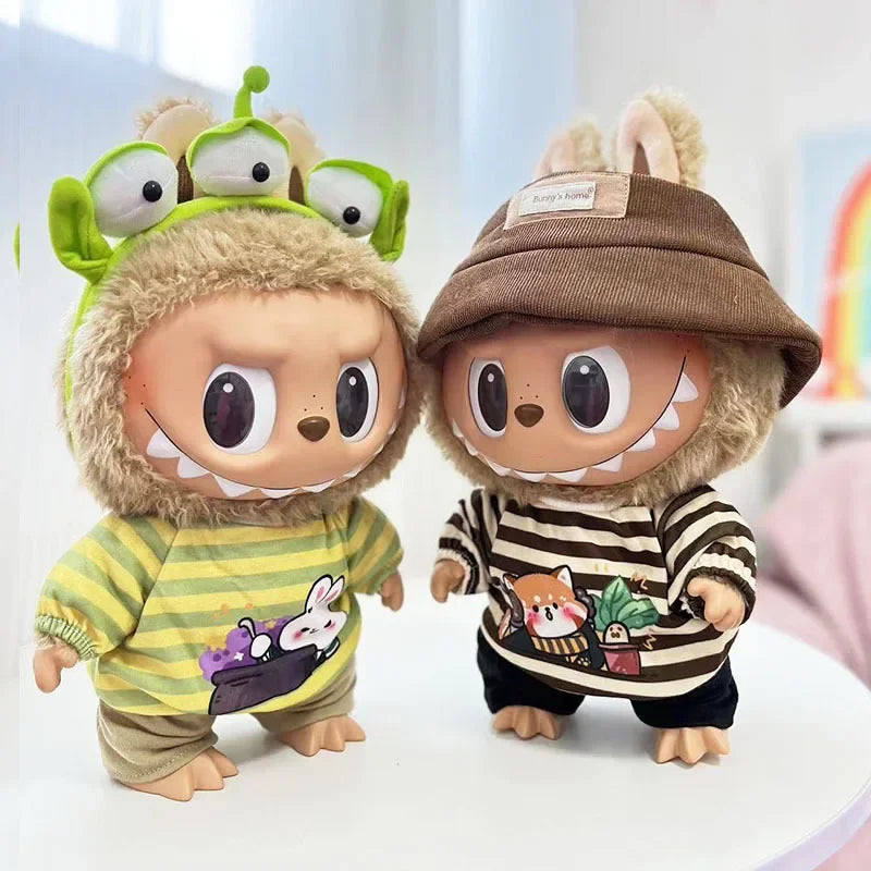 For 38Cm Labubu outfit vinyl plush doll clothes for Korea Kpop Exo Labubu doll clothes striped animal shirt set