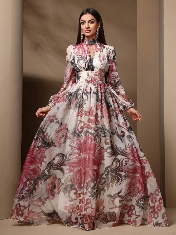 TOLEEN Floral Cut-Out Maxi Dress - Elegant Long Sleeve, High Waist, Summer Ready