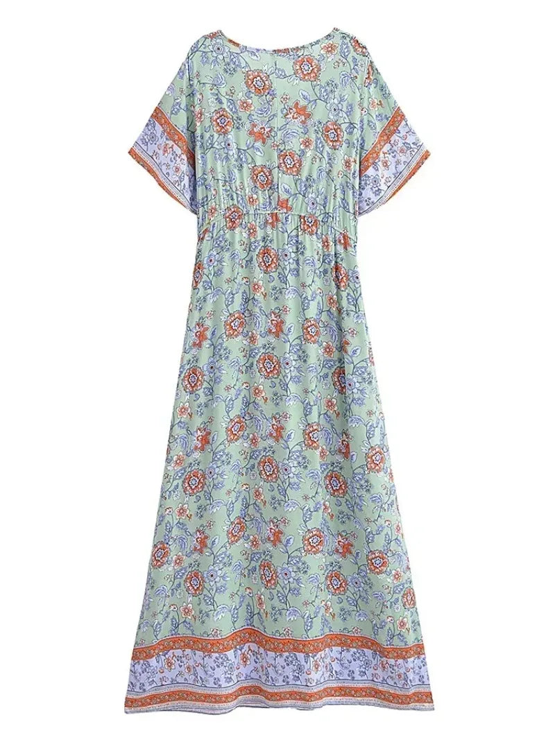 Vintage Chic Women Multi Floral Print Short Sleeve Beach Bohemian Maxi Dress Ladies V-neck Rayon Cotton Summer Boho Dresses Robe