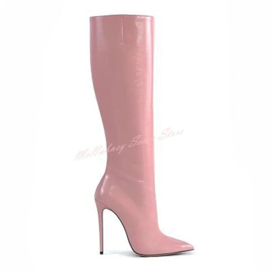 Genuine Leather Pointed Boots Stiletto Heels Solid Knee High Boots Slip On Women Sexy Shoes Designer Winter Autumn Casual Shoes