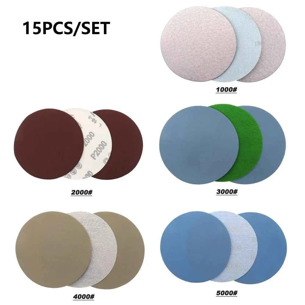 15PCS 125mm Inches Grit 1000 2000 3000 4000 5000 Sanding Discs Hook Loop Sandpaper Round Disk