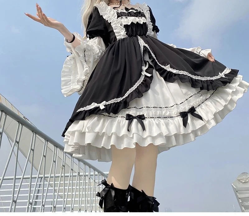 Contrast Color Japanese Dress Women Ruffled Patchwork High Waist Fairy Robe Y2k Aesthetic Ladies Sweet Dresses Vestido De Mujer