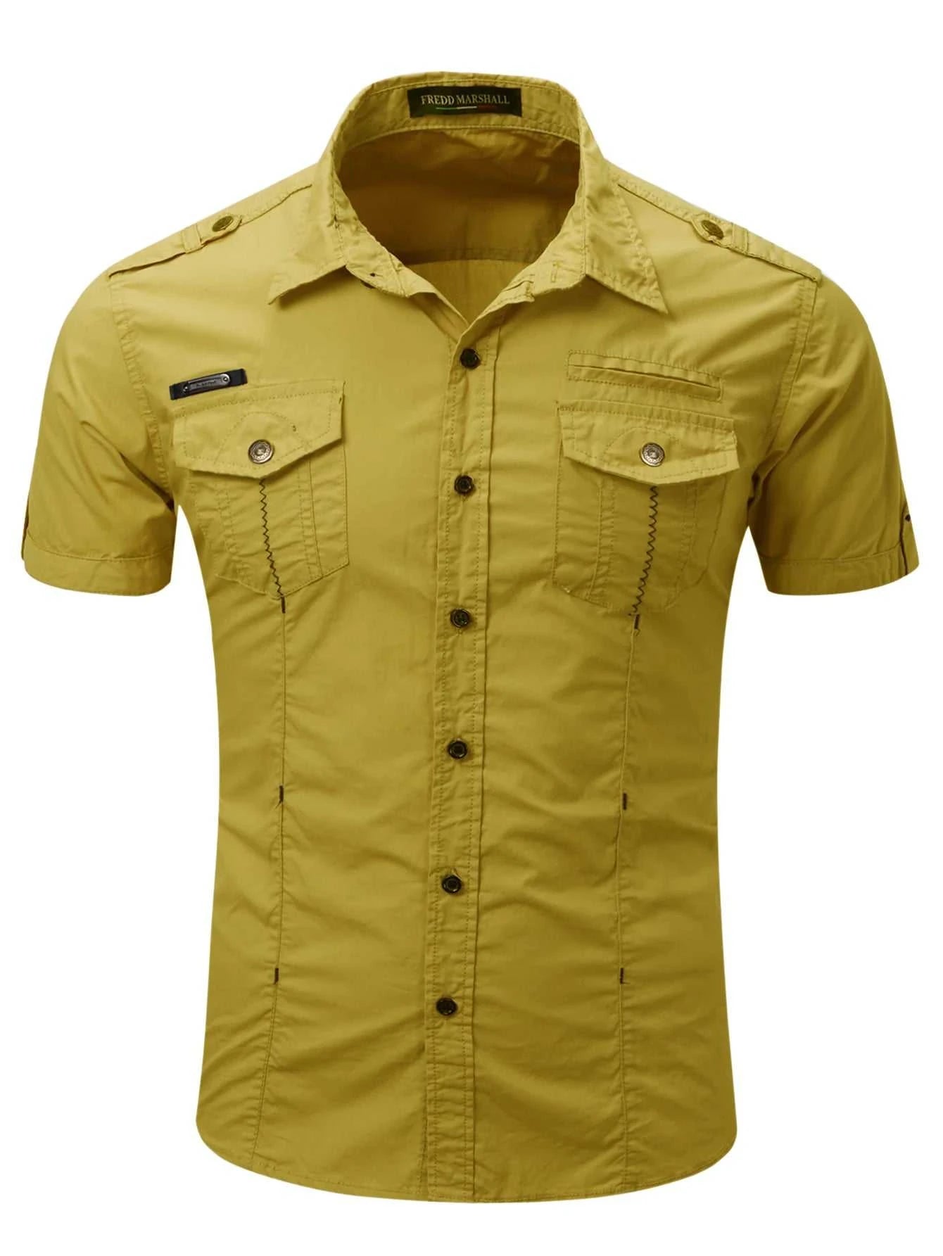 Fredd Marshall 2023 Summer New Men 100% Cotton Cargo Shirt Short Sleeve Casual Pocket Work Military Shirts Male Solid Color Tops The jack market .AU The jack market .AU Men Fashion $ 41 14:193;5:100014065