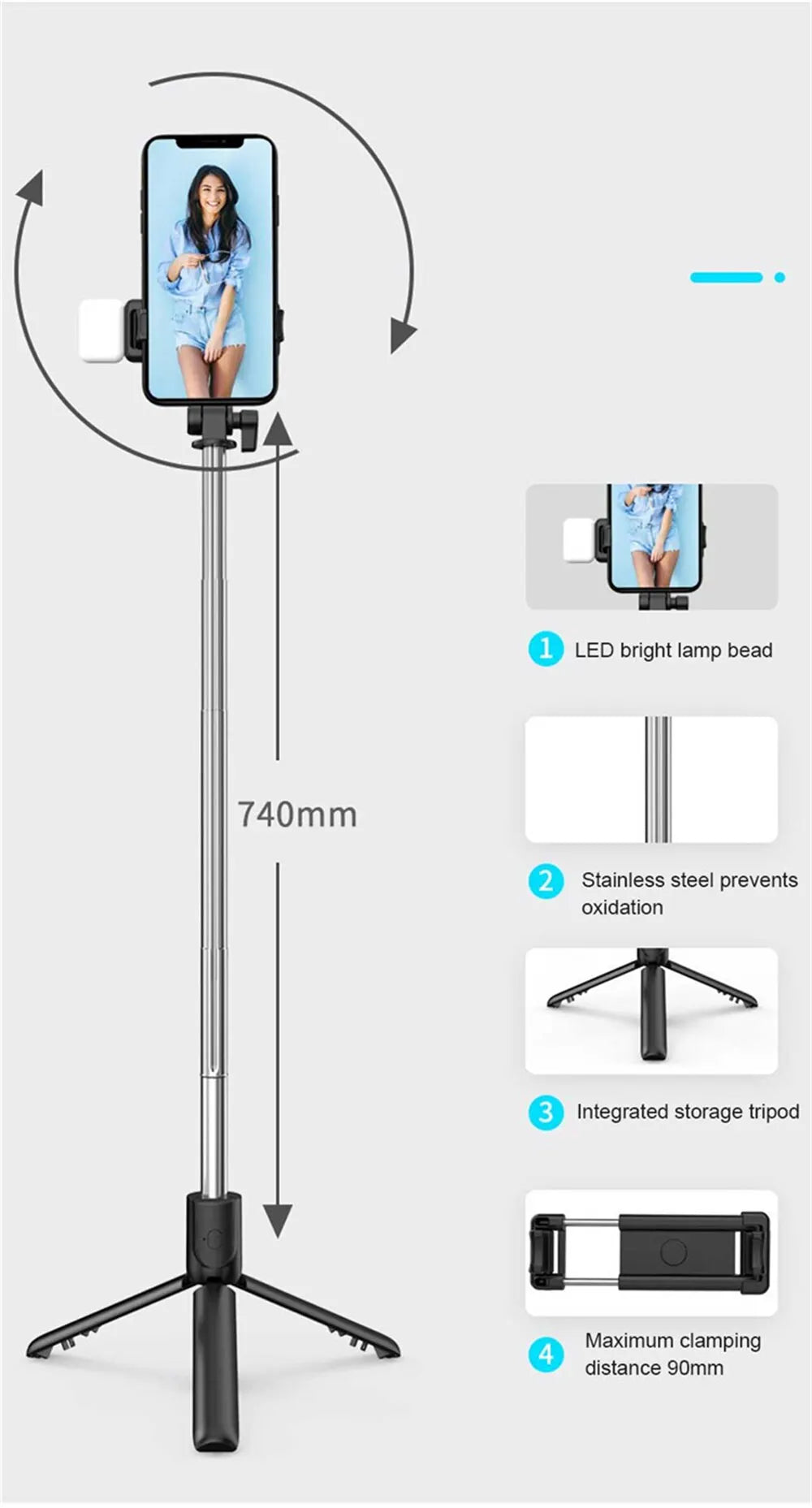 Portable Bluetooth Selfie Stick Tripod Holder with Remote Shutter Fill Light Extendable Wireless Remote Retractable Phone Stand - Jack market 1988Jack Market 1988