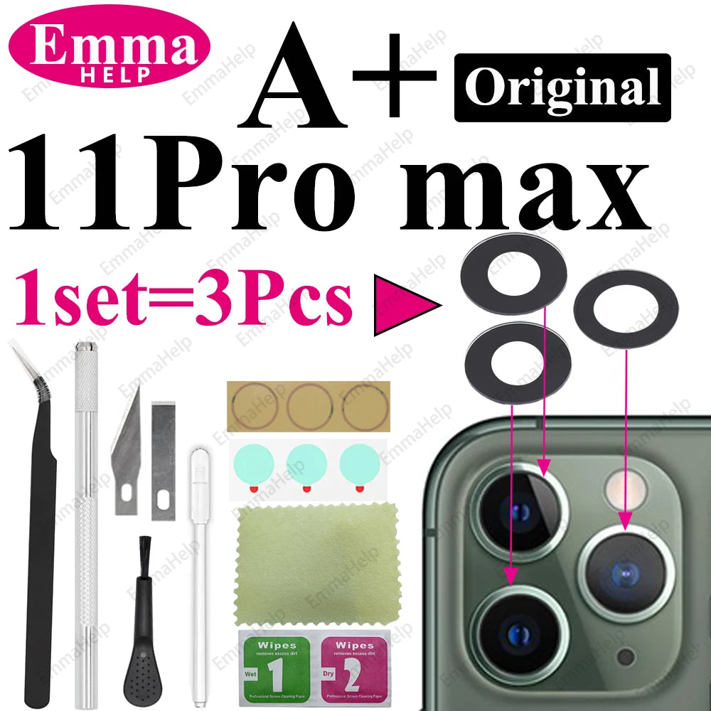 Sapphire Camera Lens Glass for iPhone 15/14/13/12/11 Pro Max Plus Mini - Complete Repair Kit with Adhesive