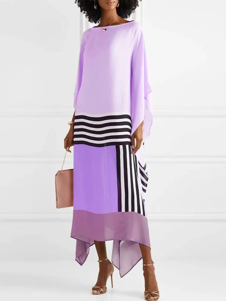 Retro Striped Print Patchwork Irregular Dress Women Spring Batwing Sleeve Loose Long Dress Summer Sexy Crew Neck Boho Maxi Dress