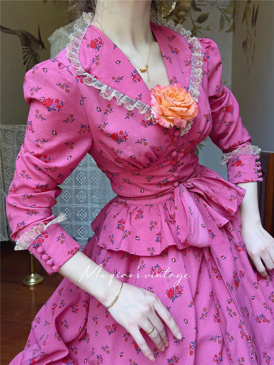 Rose Red Flower Autumn Long Sleeve French Vintage Dress V-neck Waist Cinched Slimming Ruffle Large Swing Long Dress for Women