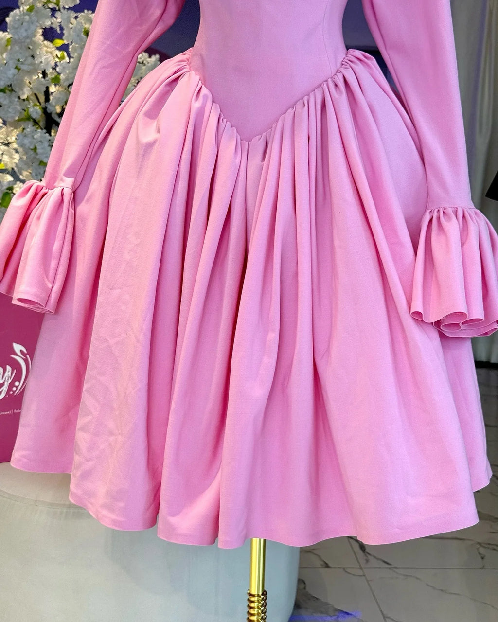 Elegant Pink A-Line Dress for Women - Pleated Round Neck, High Waist, Perfect for Parties and Weddings
