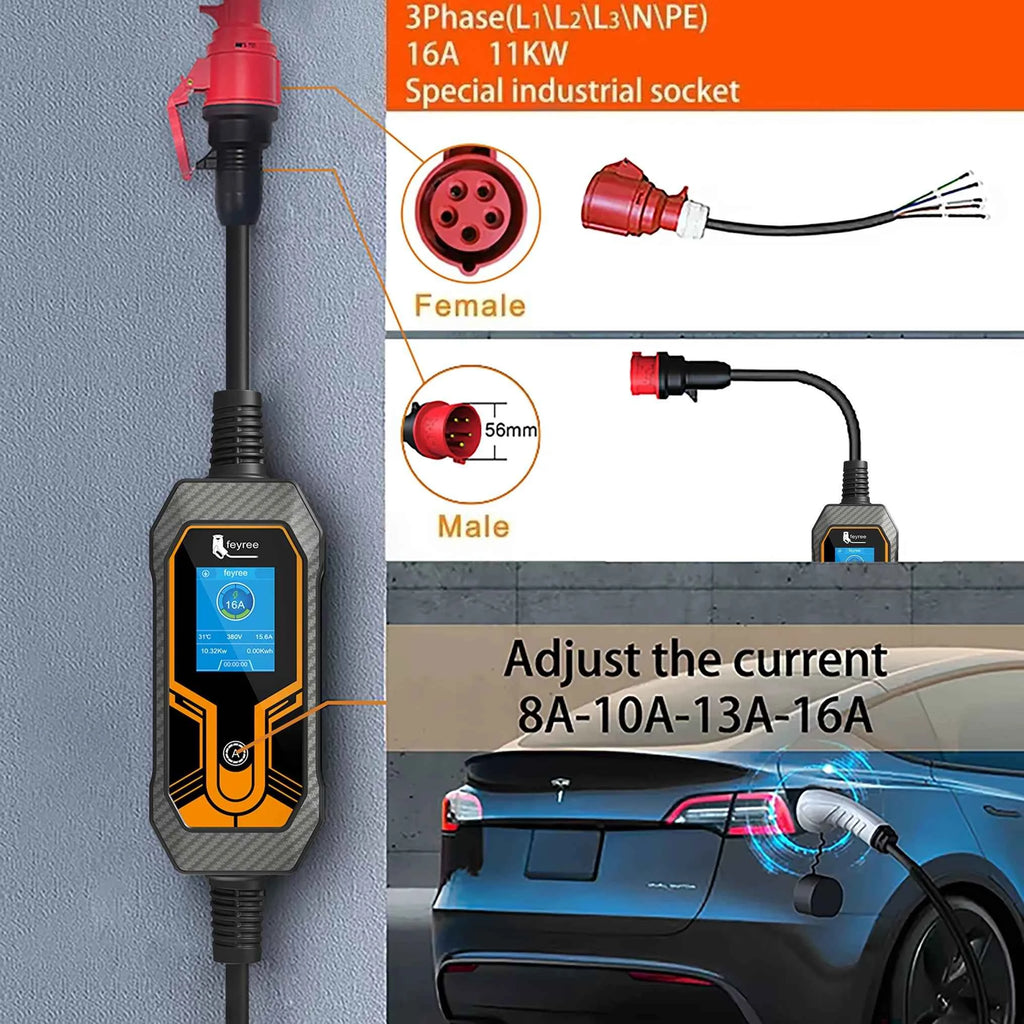 feyree 32A 7KW Type2 EV Portable Charger 11KW 16A 3 Phase 5M Cable EVSE Charging Box Car Charger CEE Plug for Electric Vehicle