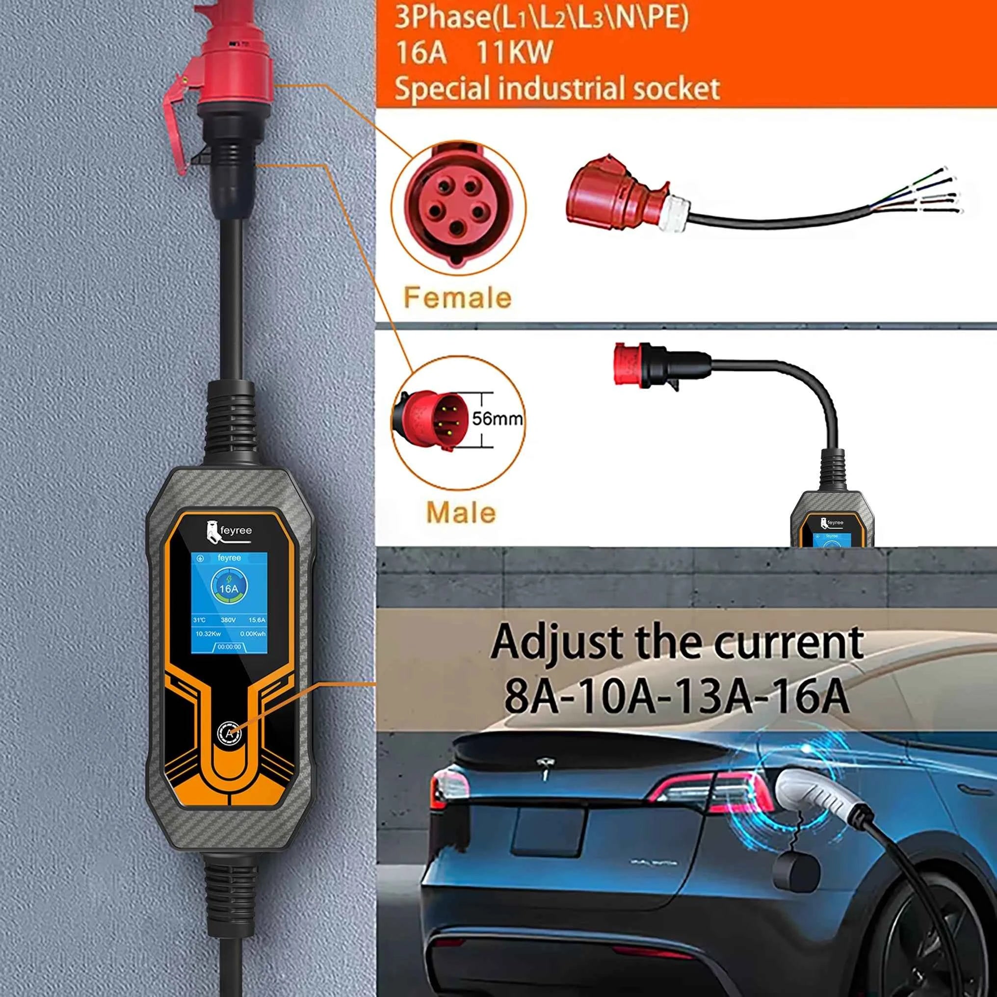 feyree 32A 7KW Type2 EV Portable Charger 11KW 16A 3 Phase 5M Cable EVSE Charging Box Car Charger CEE Plug for Electric Vehicle
