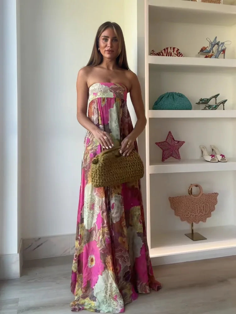 Chic Floral Print Pleated Long Dress Women's Sexy Strapless Backless Loose Party Vestidos 2025 Summer Lady High Street Robes New