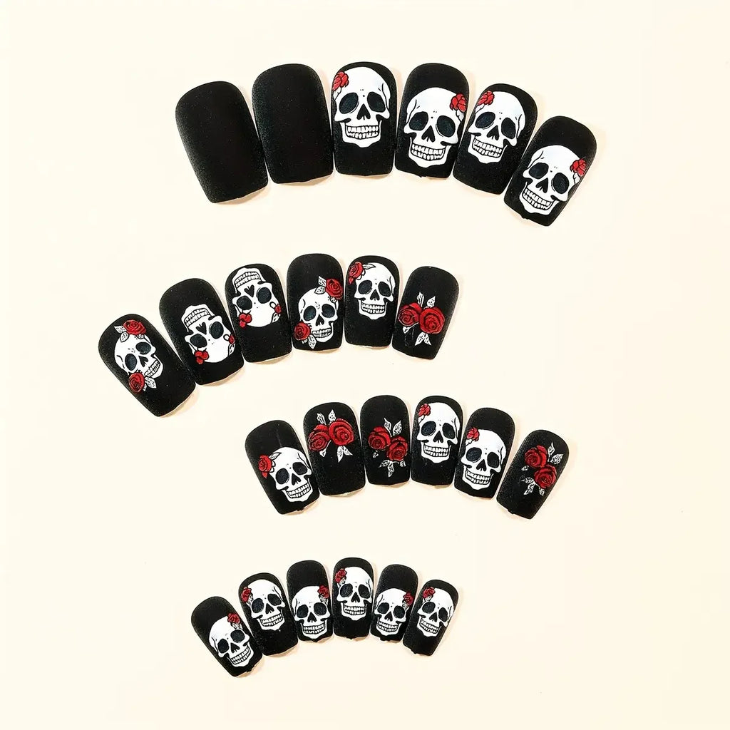 Black Magic Nails Halloween Press-On Set - 24 Pcs Black Matte with Rose Skull Design for Spooky Holiday Parties