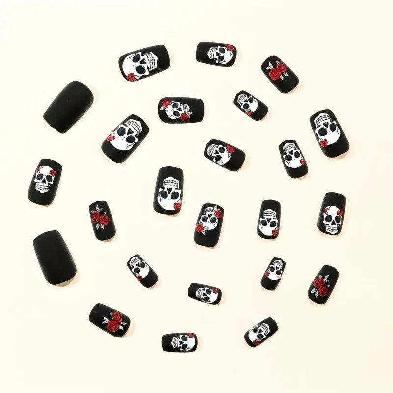 Black Magic Nails Halloween Press-On Set - 24 Pcs Black Matte with Rose Skull Design for Spooky Holiday Parties