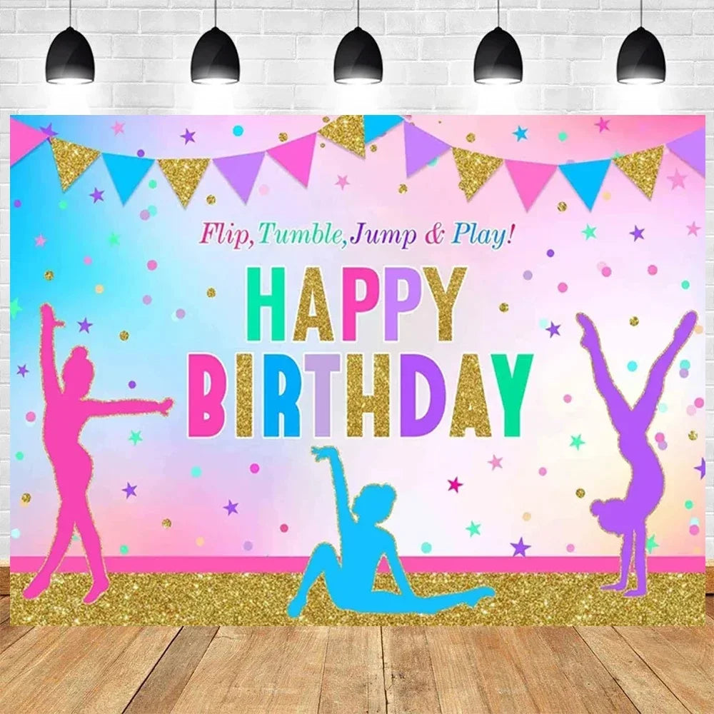 Let's Flip Athlete Gymnast Gymnastic Theme Jump Tumble Play Gymnast Rhythmic Gymnastic Girl Birthday Party Baby shower Backdrop