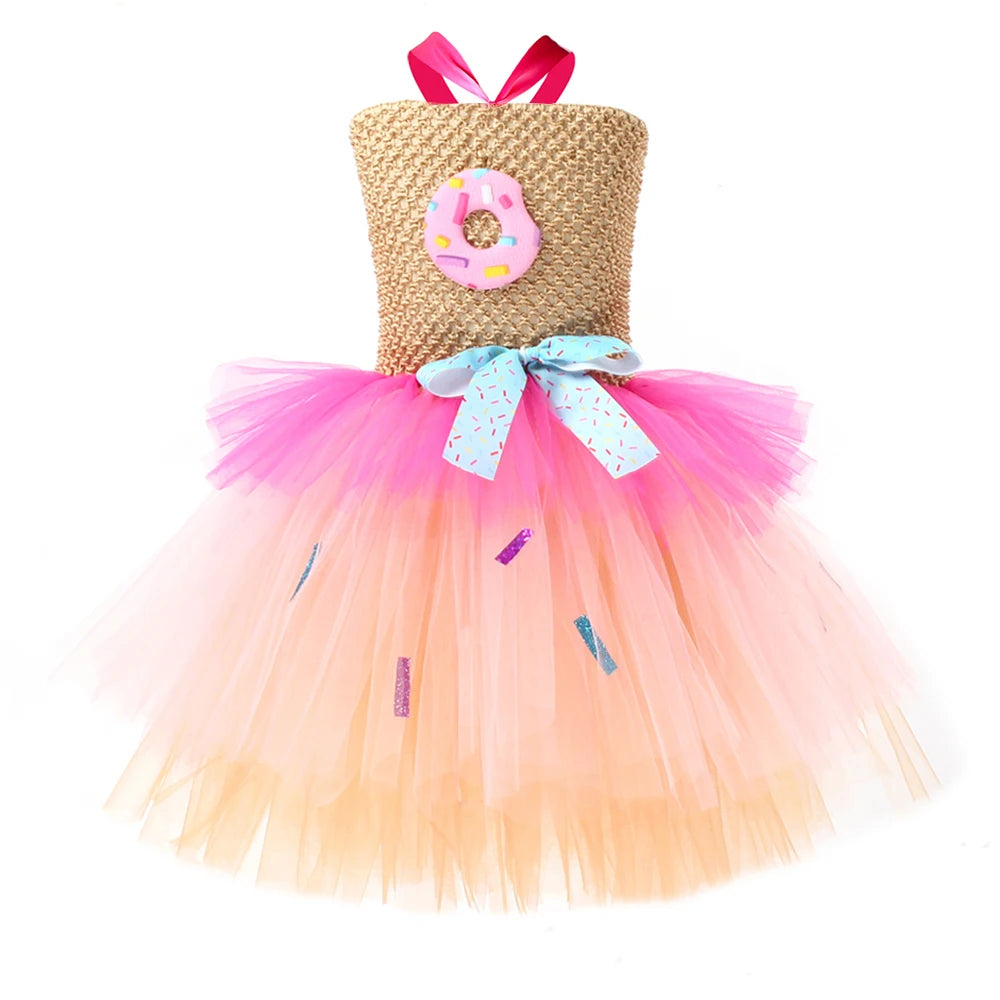 Girls Candy Donuts Tutu Dress with Headband Baby Kids Birthday Party Happy Purim Fancy Costumes Photoshoot Tulle Dresses