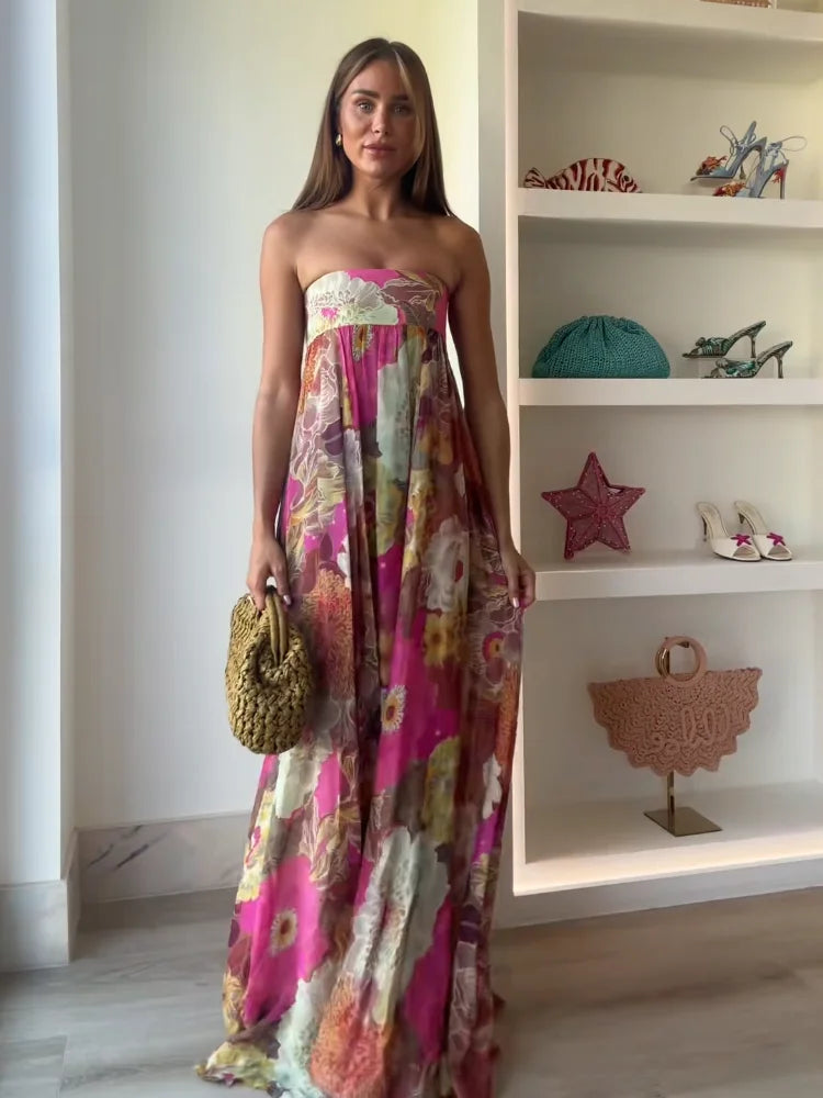 Chic Floral Print Pleated Long Dress Women's Sexy Strapless Backless Loose Party Vestidos 2025 Summer Lady High Street Robes New