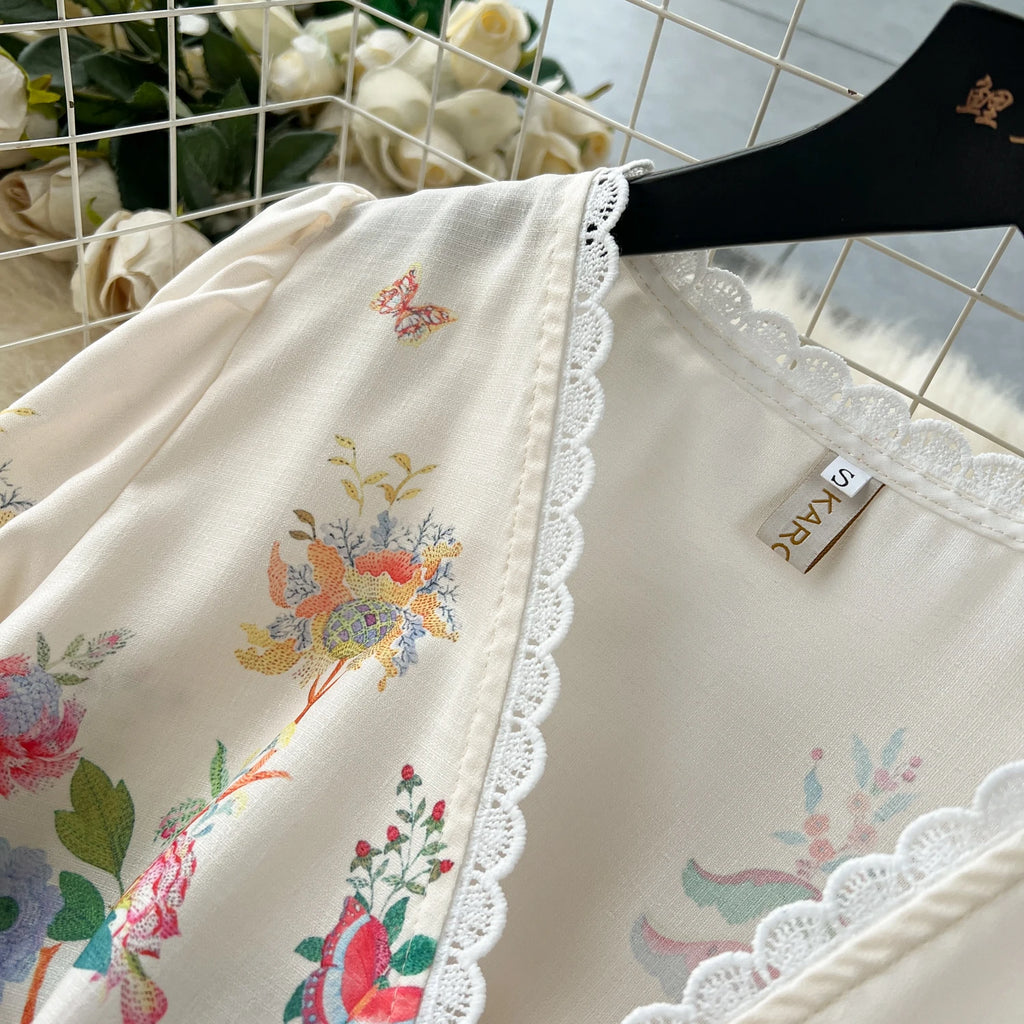 Summer Holiday Flower Robe Dress Women Lace Splicing V-Neck Long Lantern Sleeve Sashes Floral Print Maxi Vestidos Clothes 6272
