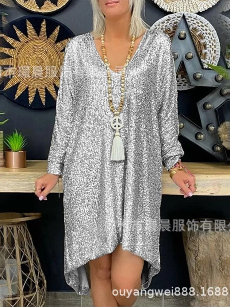 Trendy Solid Color Sequin Dresses Women V-neck Long Sleeve Loose Irregular Mini Dress Lady Commuting Vestidos Spring Autumn New