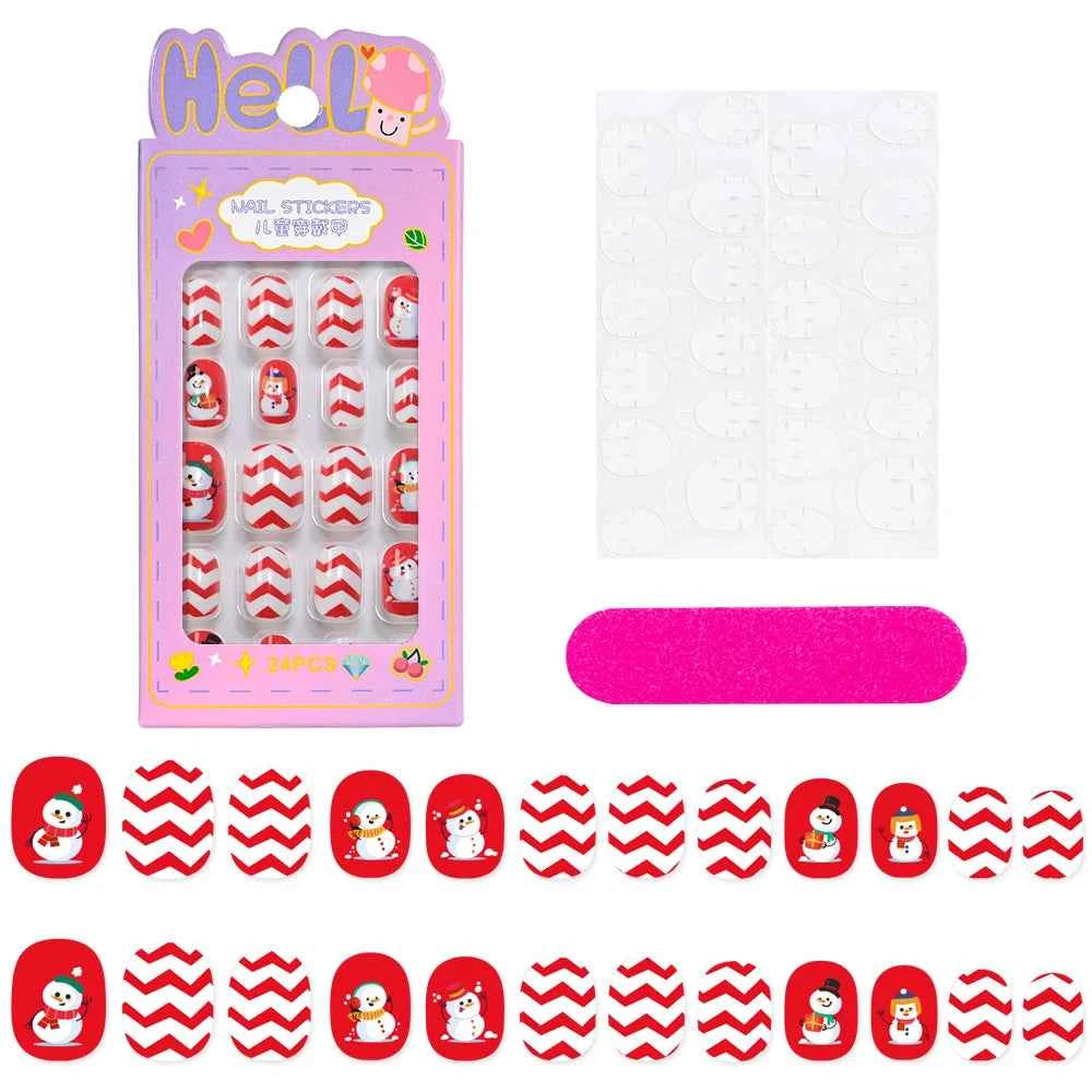 24pcs Princess Girls Christmas Press On Nails Candy Color Kawaii Christmas Tree Snowman False Nails New Year Children Fasle Nail