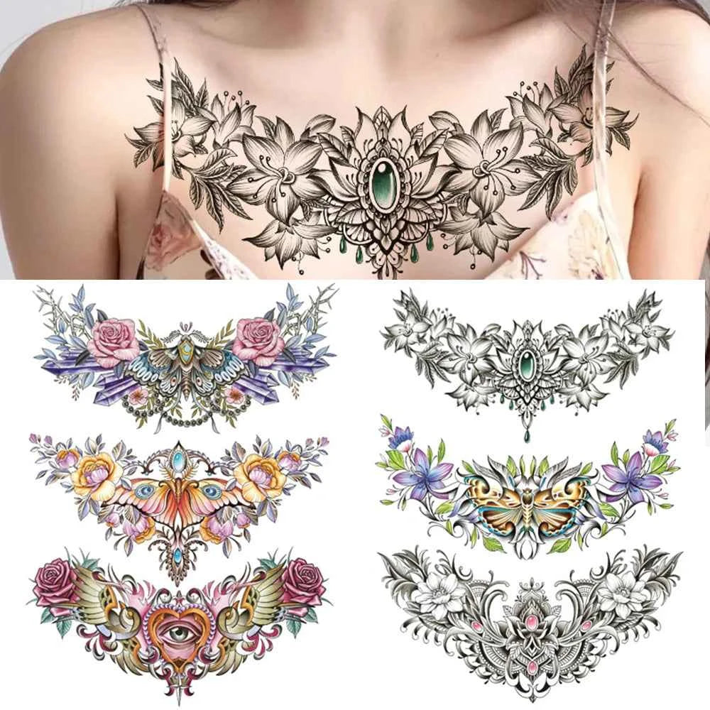 GlamInk Waterproof Flower & Butterfly Temporary Tattoos - Dazzling Chest & Waist Art for Confident Women