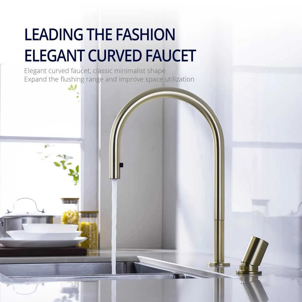 Brushed Gold Kitchen Faucet Invisible Pull Out Spray Mixer Double Hole Single Handle Solid Brass Hot and Cold Sink Tap The jack market .AU The jack market .AU Home $ 244 14:10#39BG-L