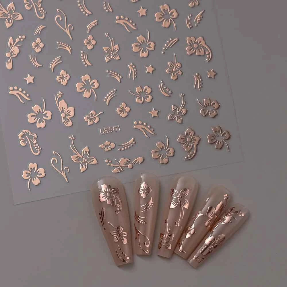 1pcs 3D White Hibiscus Flowers Nail Stickers Holographic Silver Gold Tropical Petal Slider For Nails French Manicure Decoration
