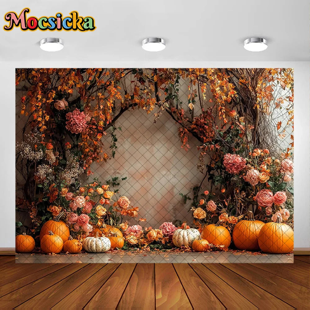 Mocsicka Photography Backdrop Autumn Pumpkin Maple Leaves Decoration Fall Portraits Photo Supplies Backgrounds For Photographs