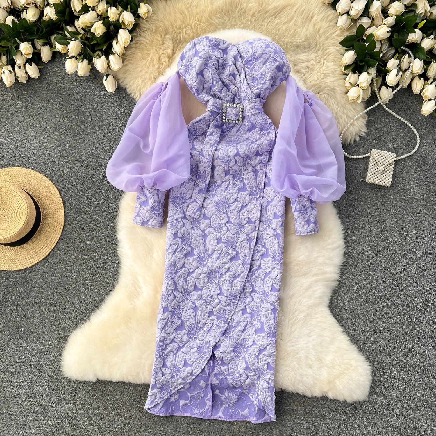 Vintage Chic Sequin Bishop Sleeve Off-Shoulder Slim Tube Dress