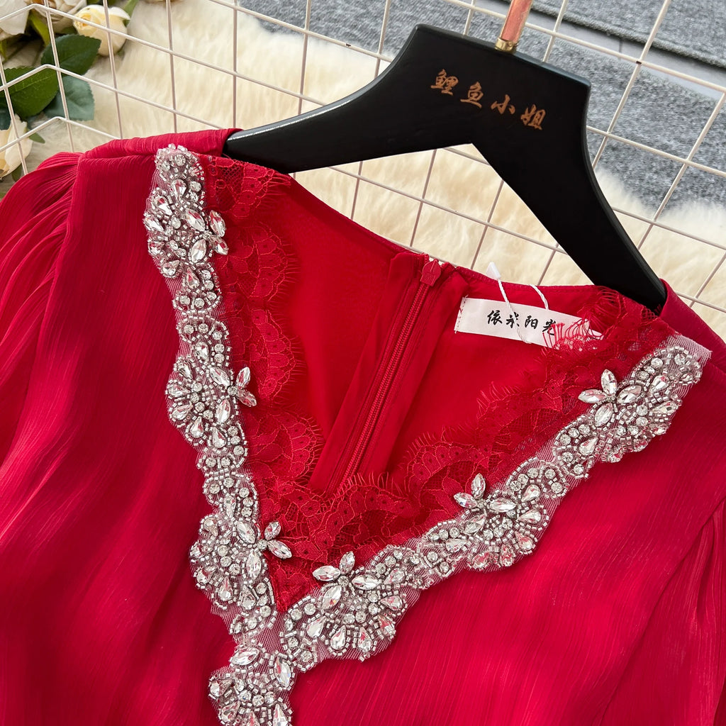 Spring Autumn Women Party Long Dress Elegant Female Red/Purple/Beige/Black Diamonds Patchwork Ruffle A-Line Maxi Vestidos New