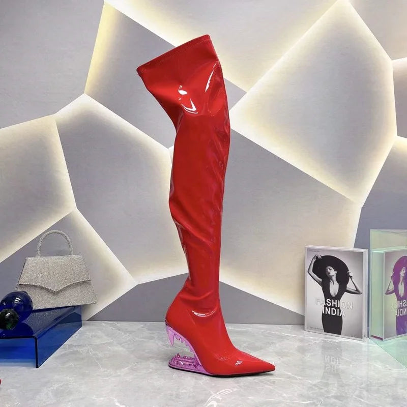Women's Pointed Tiger Teeth Heel Knee High Elastic Boots Fashionable Over-the-Knee Super High Heel Banquet Show Shoes Autumn Winter