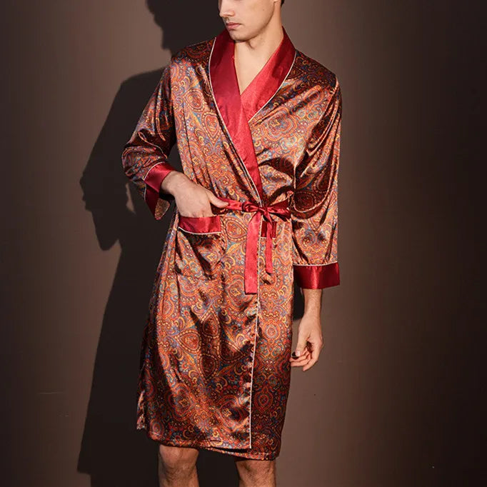 Men's Thin Bathrobe High Quality Nightrobes One-Piece Robe Male Loungewear Gents Spring and Autumn New Ice Silk Printed Pajamas
