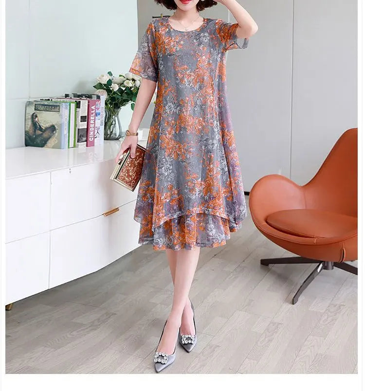 Fashion Casual Irregular Loose Midi Dress Female Clothing Commute Round Neck Summer Short Sleeve Gauze Patchwork A-Line Dresses