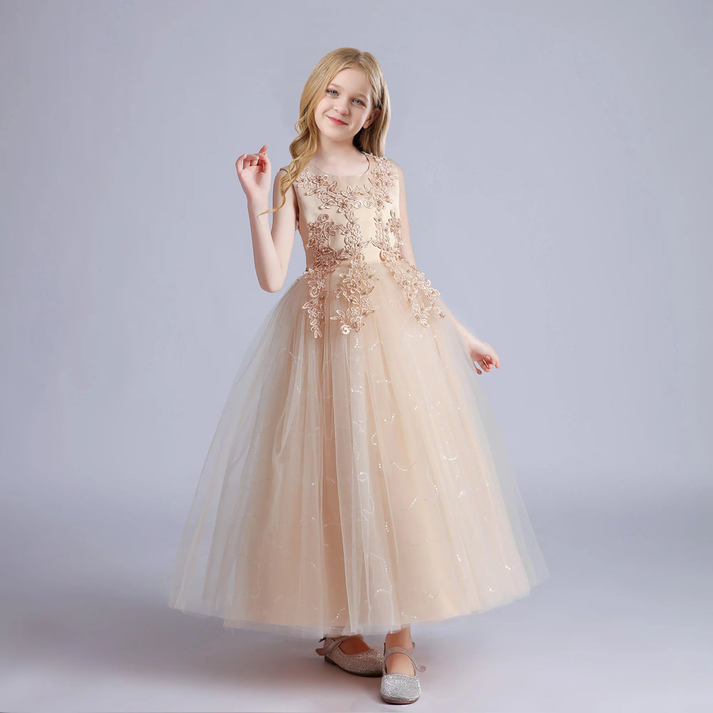 Fashion Flower Bridesmaid Girls Dress Elegant Bow Wedding Evening Princess Birthday Party Dress Graduation Baptism Kids Clothing