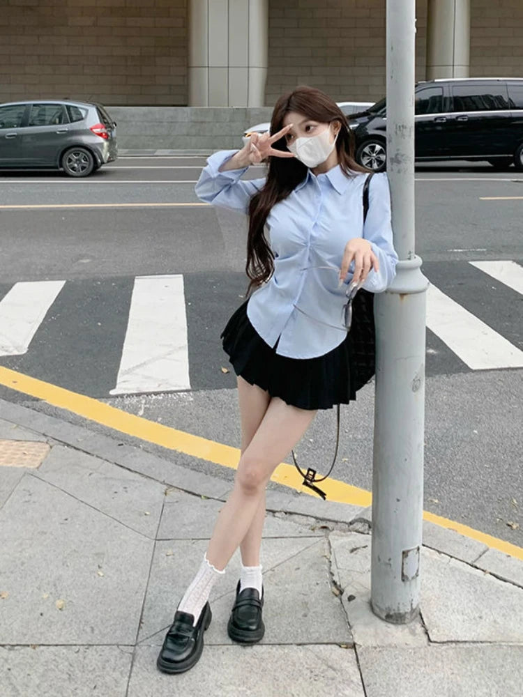 Woman Top Blue Spring and Autumn Wear To Work Full Long Sleeve Button Up Office Outfits Formal Dress Shirts & Blouses Women Xl S