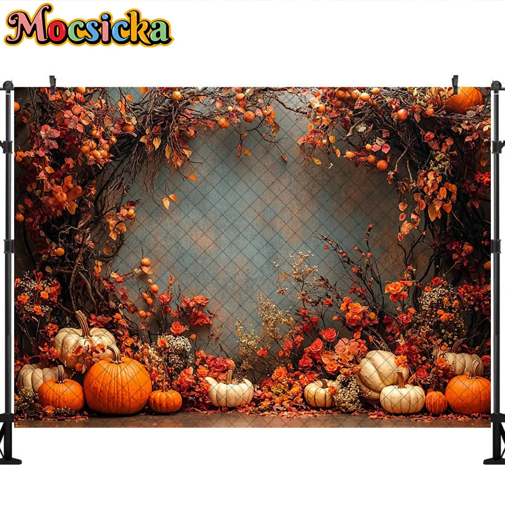Mocsicka Photography Backdrop Autumn Pumpkin Maple Leaves Decoration Fall Portraits Photo Supplies Backgrounds For Photographs