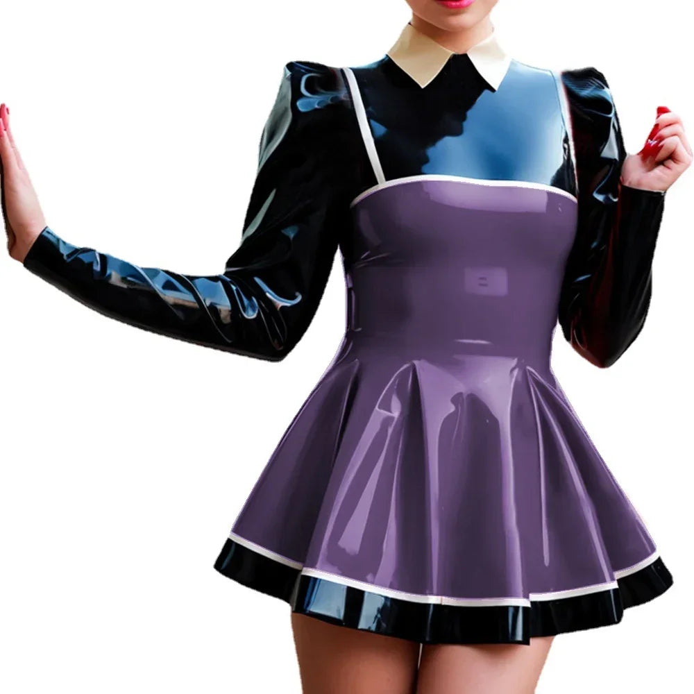 Curvy Couture Plus Size A-Line Patchwork Mini Dress - Long Puff Sleeves, PVC Leather for Night Out Style