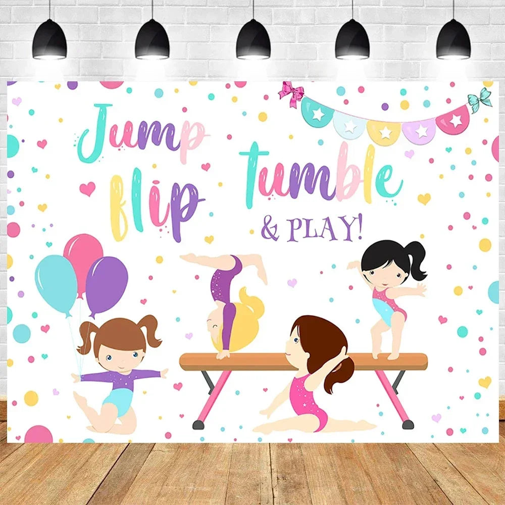 Let's Flip Athlete Gymnast Gymnastic Theme Jump Tumble Play Gymnast Rhythmic Gymnastic Girl Birthday Party Baby shower Backdrop