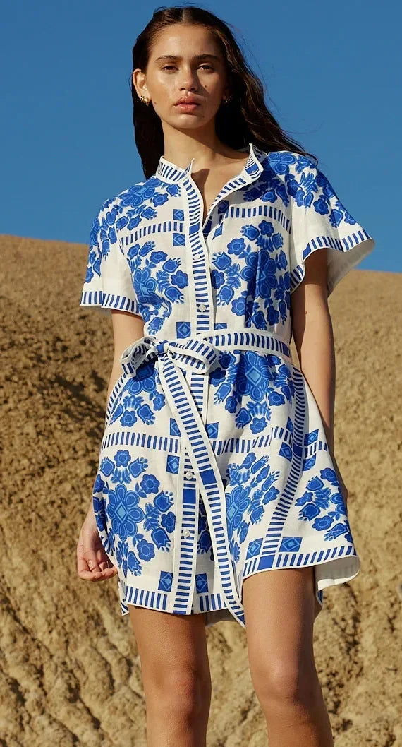 Fashionable Printed Belted Casual Women's Dress Summer Style Cross-Border Clothing Elegant Simple Design Maxi Length Gown