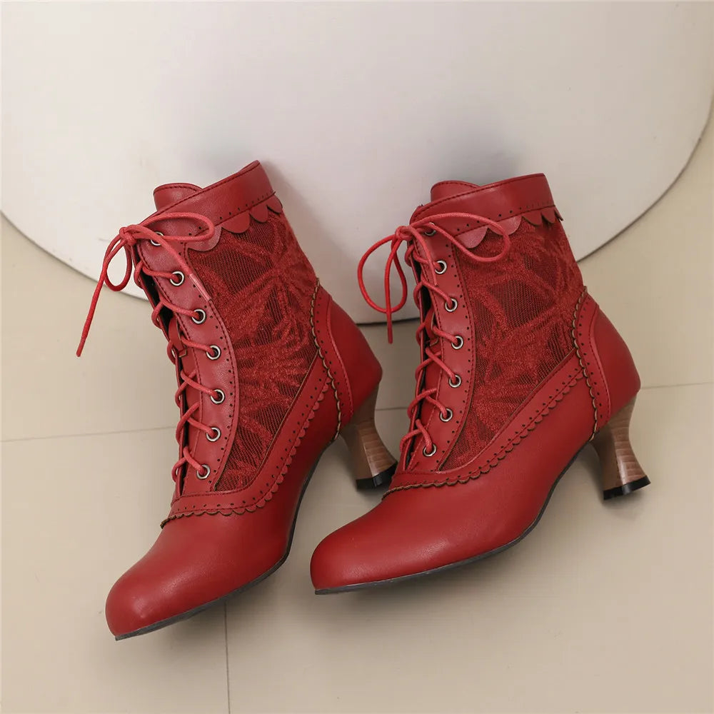 2025 New Lace Up Ladies High Heel Shoes Strange Steampunk Boot Victorian Ankle Boots Women Pointed Toe Thick Soled Short Boots